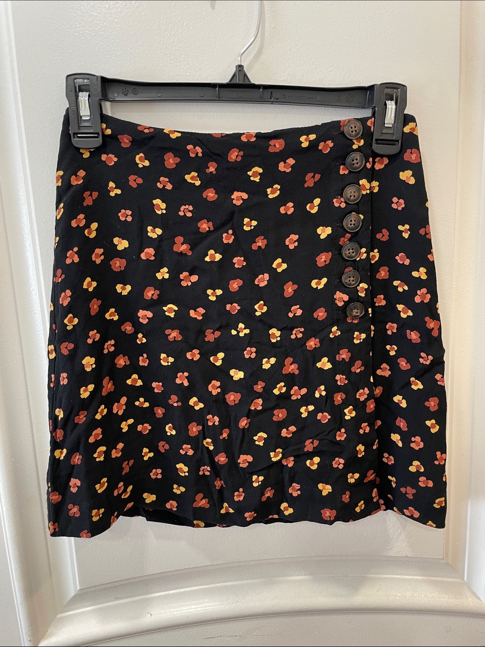 Madewell Black Mini Skirt with Yellow & Rust Floral Print and Side Buttons